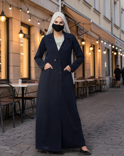 Double-Breasted Coat Abaya for Work with Free Hijab | Optional Inner | Navy Blue
