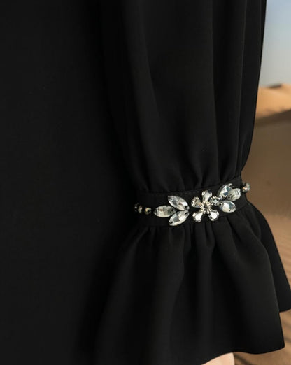 Mahram Black Praada Closed Abaya with Crystal Bell Sleeves and Pockets