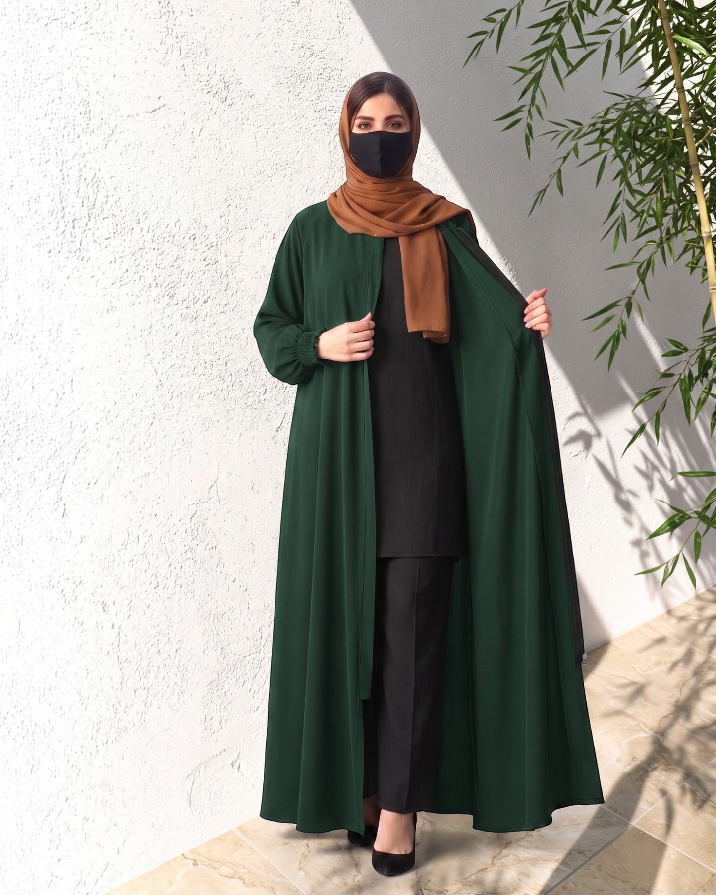 Front Open Abaya with Zipper Opening, Umbrella Flare and Matching Belt
