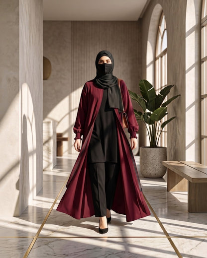 Front Open Abaya with Zipper Opening, Umbrella Flare and Matching Belt -Maroon