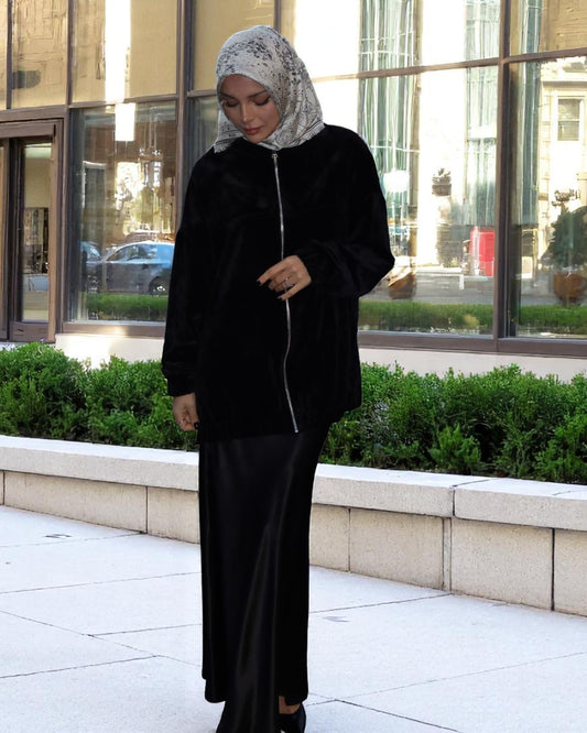 Premium Three-Piece Abaya Set in Tiktok Fabric with Zipper Jacket & Hijab