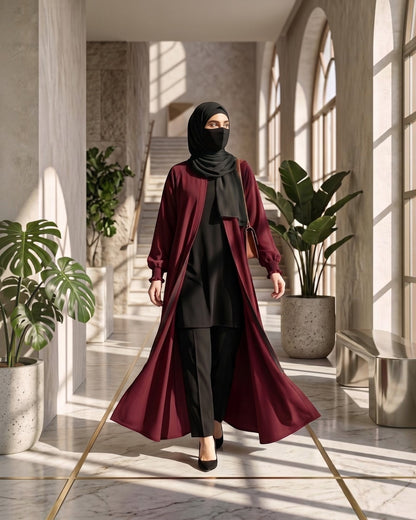 Front Open Abaya with Zipper Opening, Umbrella Flare and Matching Belt -Maroon