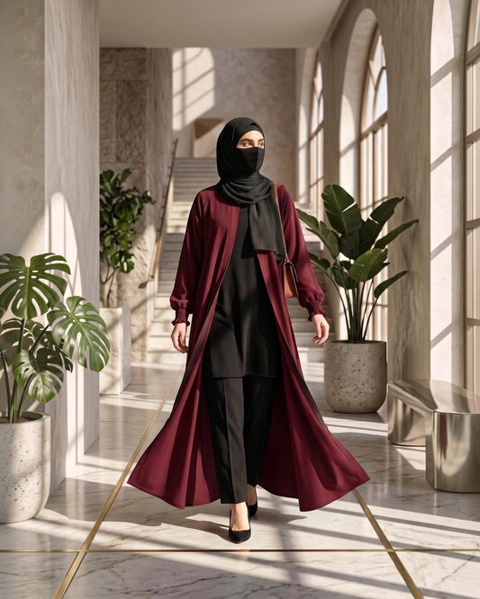 Front Open Abaya with Zipper Opening, Umbrella Flare and Matching Belt -Maroon