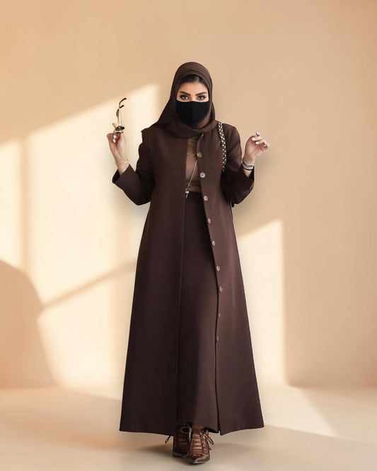 Mahram Brown Flow Crepe Coat-Style Abaya without Lining