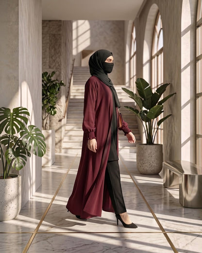 Front Open Abaya with Zipper Opening, Umbrella Flare and Matching Belt -Maroon