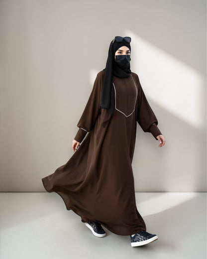 Free Size Kaftan with White Piping, Zipper Opening & Cuffed Sleeves in Premium Fabric, Includes Hijab