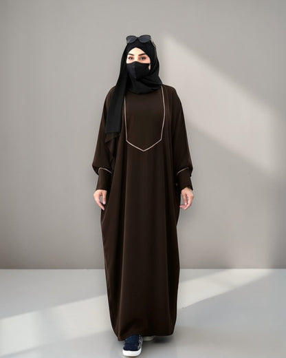 Free Size Kaftan with White Piping, Zipper Opening & Cuffed Sleeves in Premium Fabric, Includes Hijab