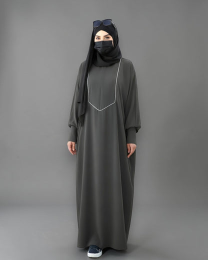 Free Size Kaftan with White Piping, Zipper Opening & Cuffed Sleeves in Premium Fabric, Includes Hijab