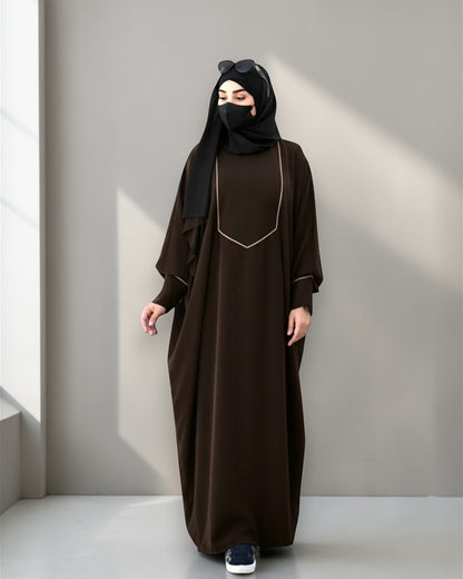 Free Size Kaftan with White Piping, Zipper Opening & Cuffed Sleeves in Premium Fabric, Includes Hijab