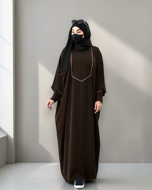 Free Size Kaftan with White Piping, Zipper Opening & Cuffed Sleeves in Premium Fabric, Includes Hijab