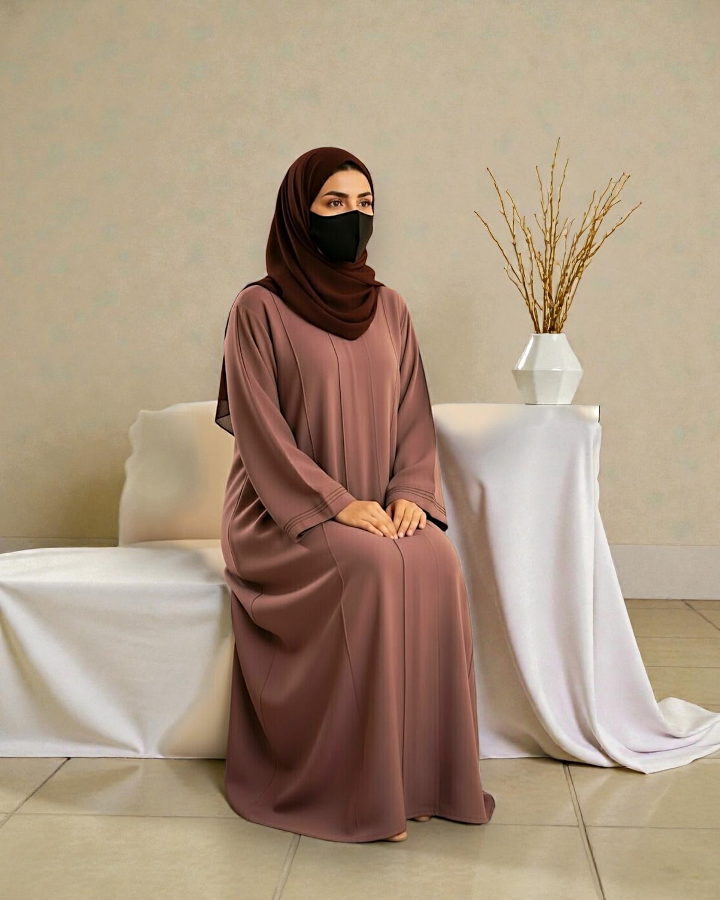 Premium Front Open Abaya for Women in Seltos Fabric with Pin Tuck Detailing and Black Hijab