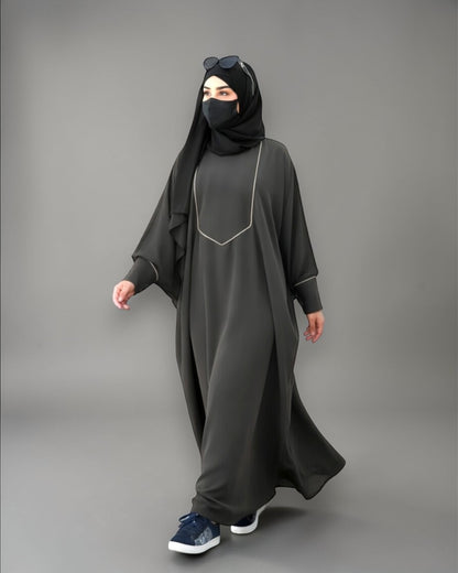 Free Size Kaftan with White Piping, Zipper Opening & Cuffed Sleeves in Premium Fabric, Includes Hijab