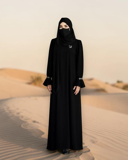 Mahram Black Praada Closed Abaya with Crystal Bell Sleeves and Pockets