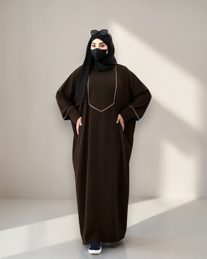 Free Size Kaftan with White Piping, Zipper Opening & Cuffed Sleeves in Premium Fabric, Includes Hijab