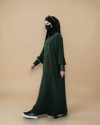 Free Size Kaftan with White Piping, Zipper Opening & Cuffed Sleeves in Premium Fabric, Includes Hijab
