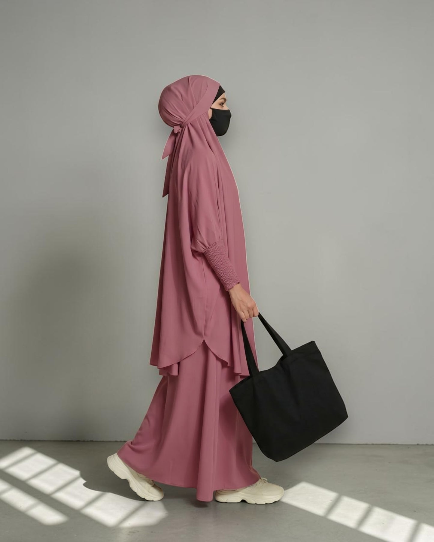 Elegant 2 Piece Jilbab Set in Flow Crepe Fabric with Flared Skirt and Full Size Khimar