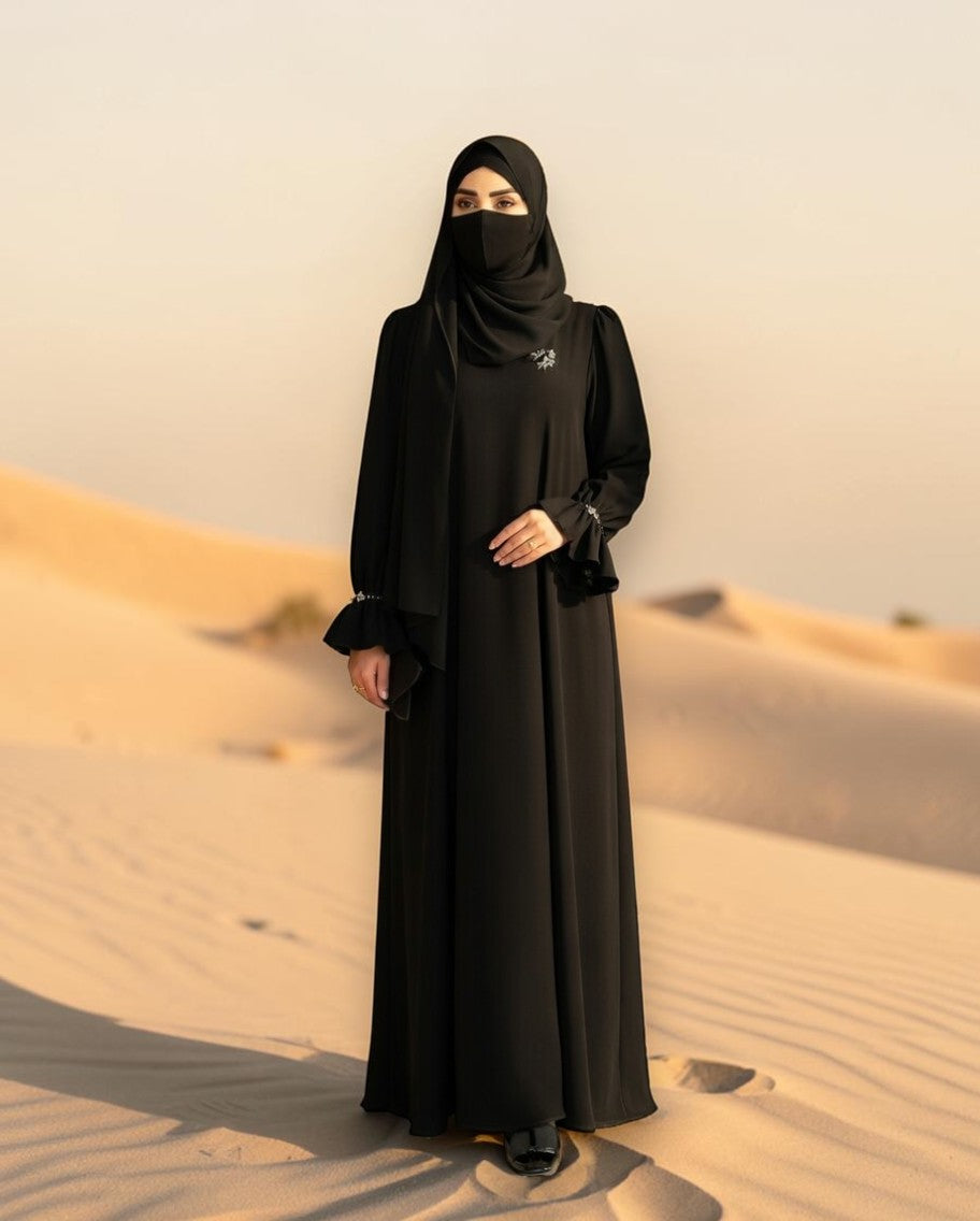 Mahram Black Praada Closed Abaya with Crystal Bell Sleeves and Pockets