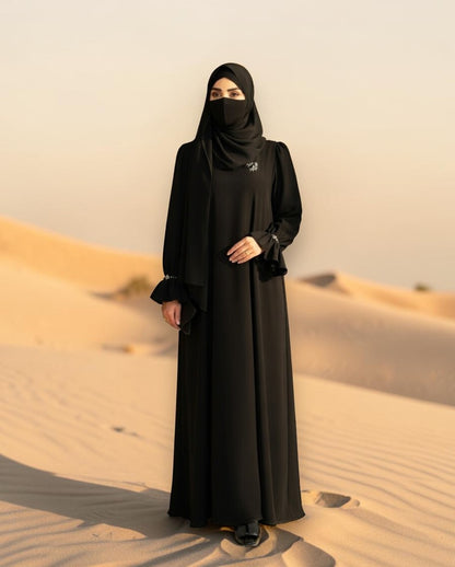 Mahram Black Praada Closed Abaya with Crystal Bell Sleeves and Pockets
