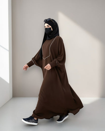 Free Size Kaftan with White Piping, Zipper Opening & Cuffed Sleeves in Premium Fabric, Includes Hijab