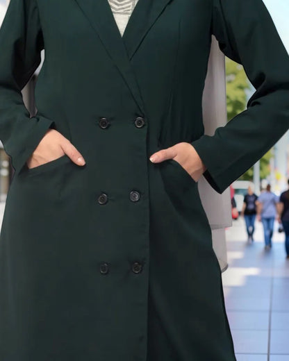 Double-Breasted Coat Abaya for Work with Free Hijab | Optional Inner | Dark  Green