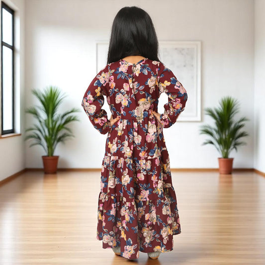 Elegant Multi-Layered Long Dress for Girls In Printed Crepe Fabric