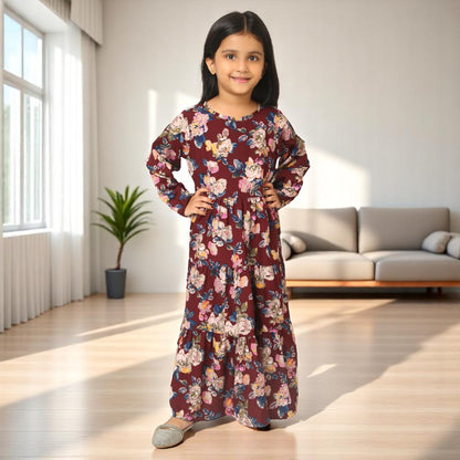 Elegant Multi-Layered Long Dress for Girls In Printed Crepe Fabric