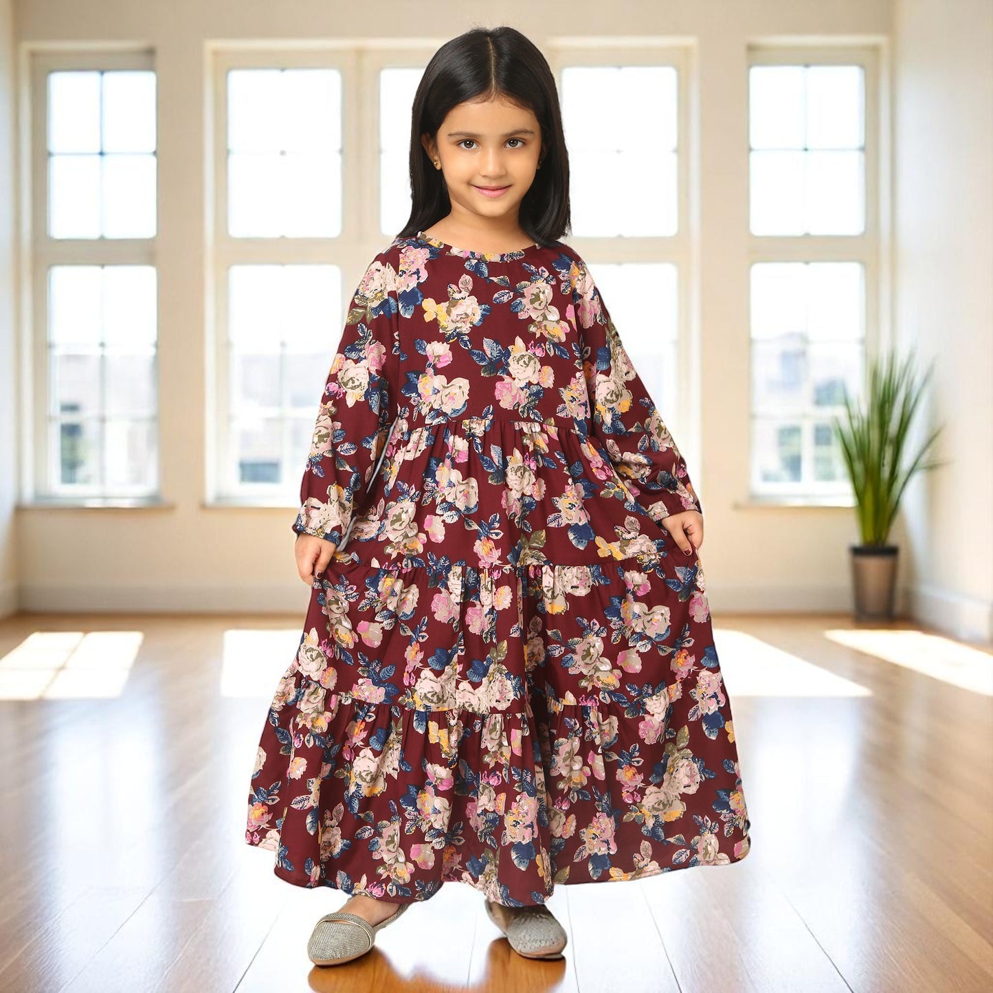 Elegant Multi-Layered Long Dress for Girls In Printed Crepe Fabric