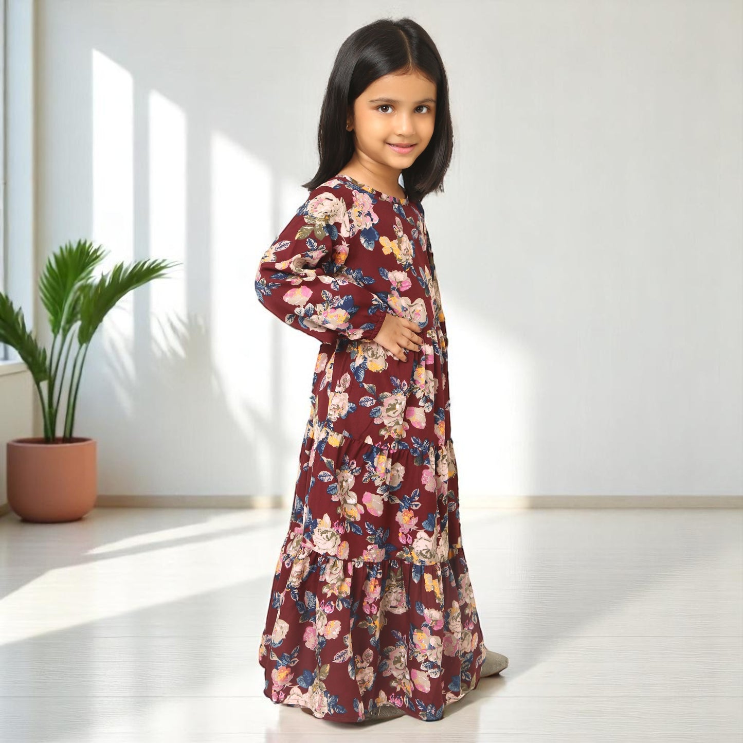 Elegant Multi-Layered Long Dress for Girls In Printed Crepe Fabric