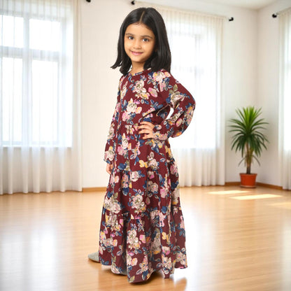 Elegant Multi-Layered Long Dress for Girls In Printed Crepe Fabric