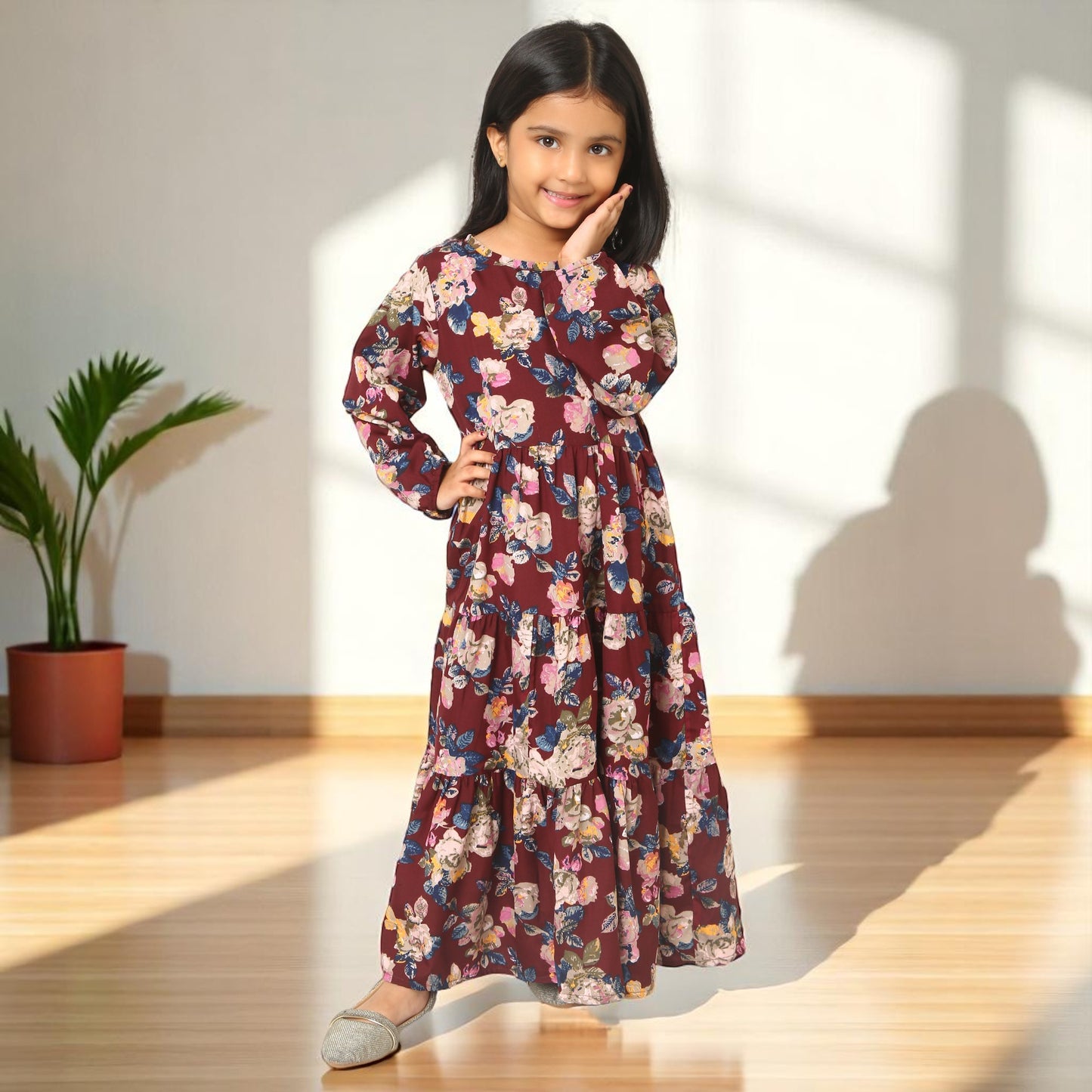 Elegant Multi-Layered Long Dress for Girls In Printed Crepe Fabric