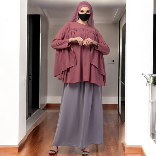 Modest Co-ord Set: Designer Loose Fit Top with Frills and Flared Skirt, Perfect for Students and Working Women
