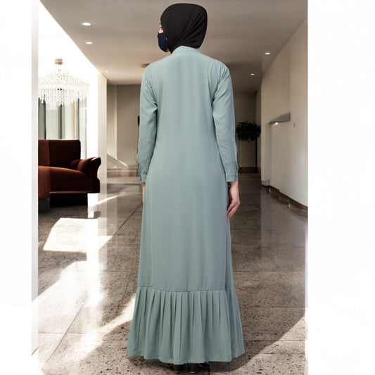 Front Open Mahram-Abaya In Firdaus Fabric With Frilled Hem and Wooden Buttons