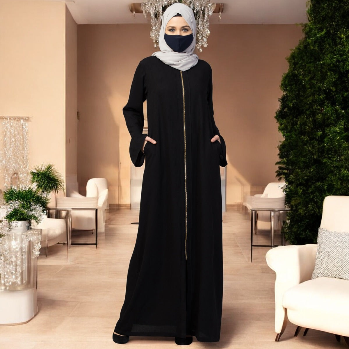 Basic Forn Open Abaya In Premium Fabric With Long Zipper