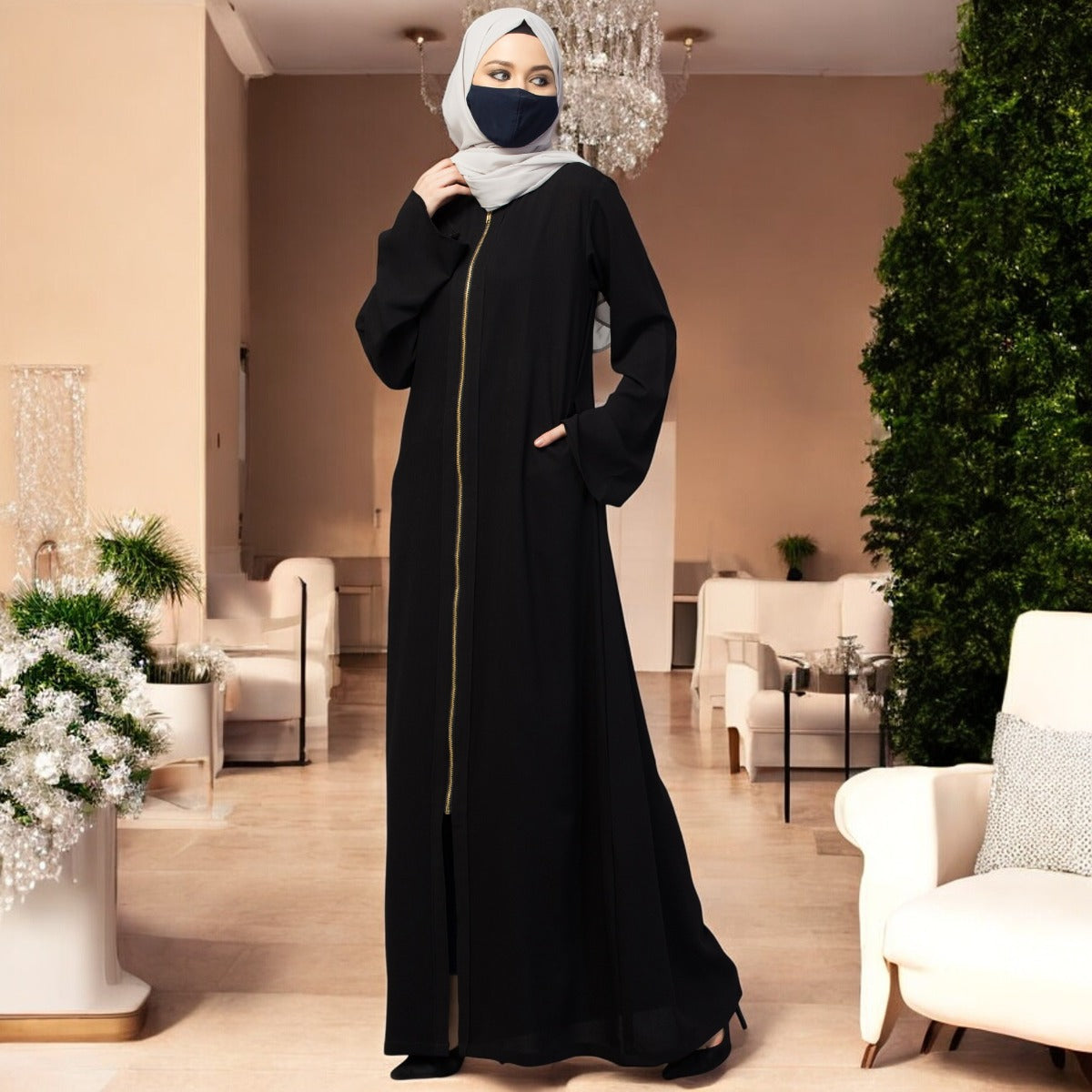 Basic Forn Open Abaya In Premium Fabric With Long Zipper