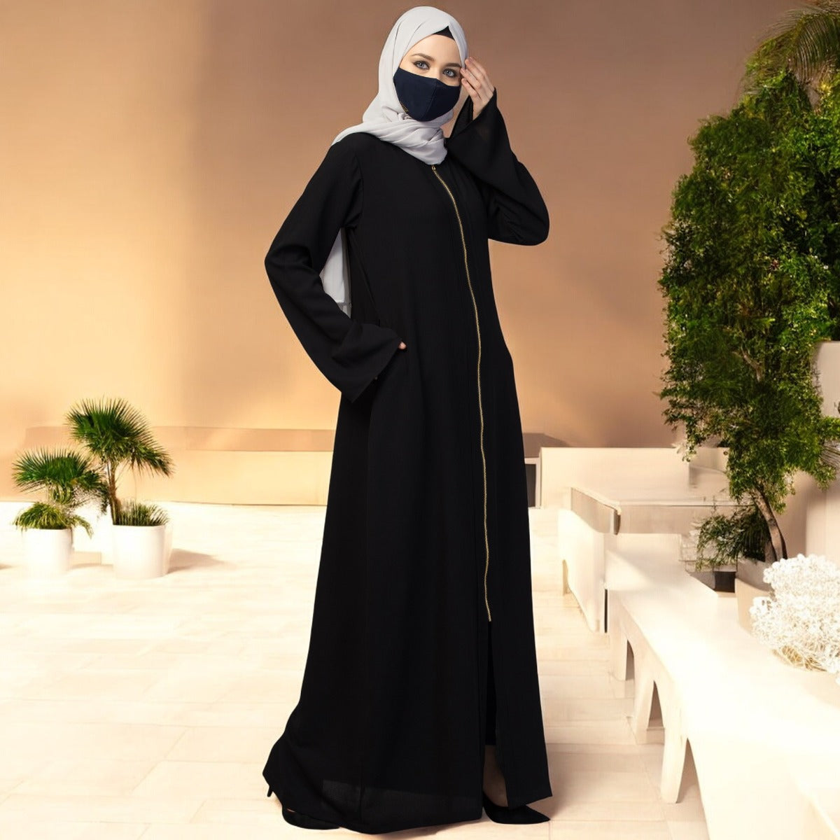 Basic Forn Open Abaya In Premium Fabric With Long Zipper