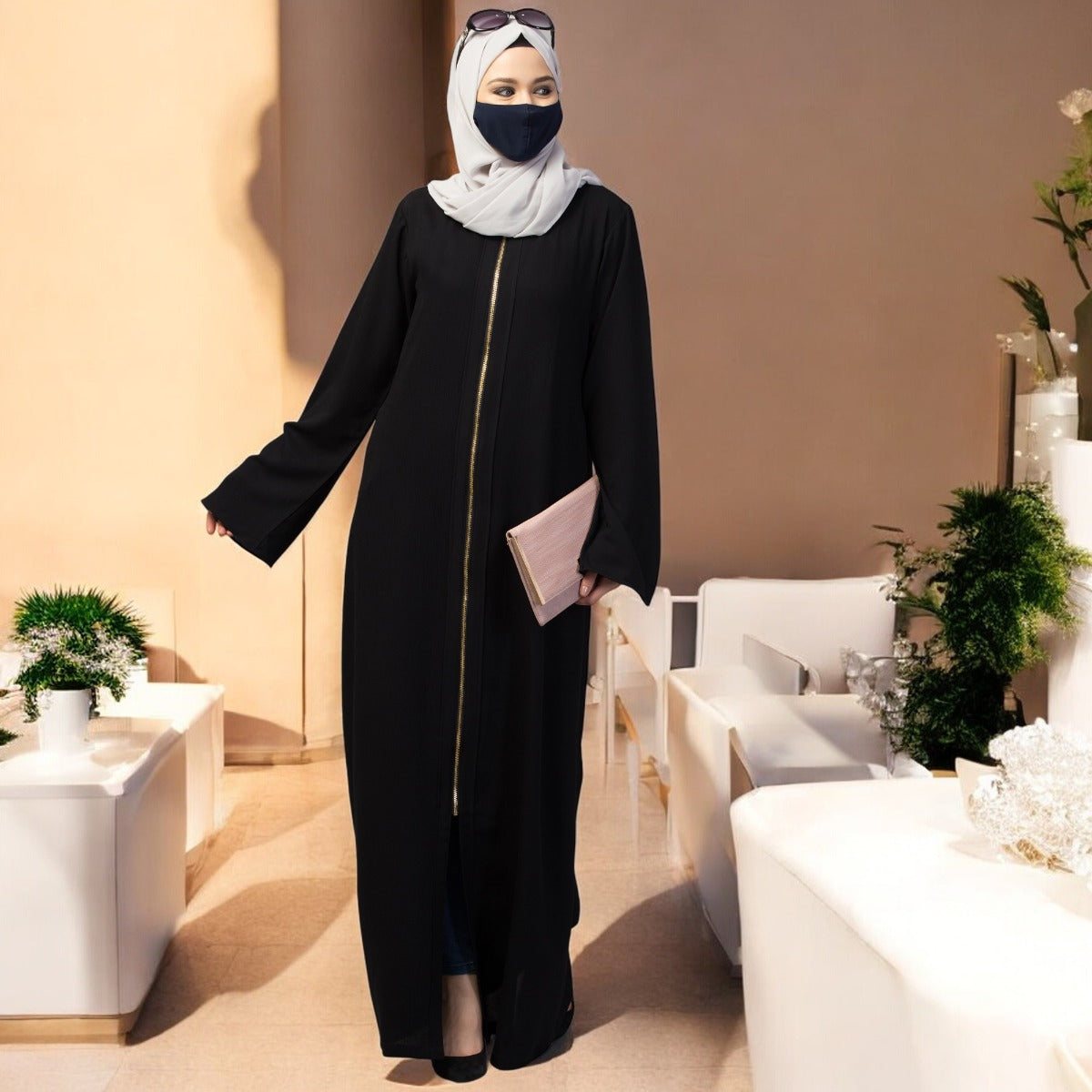 Basic Forn Open Abaya In Premium Fabric With Long Zipper