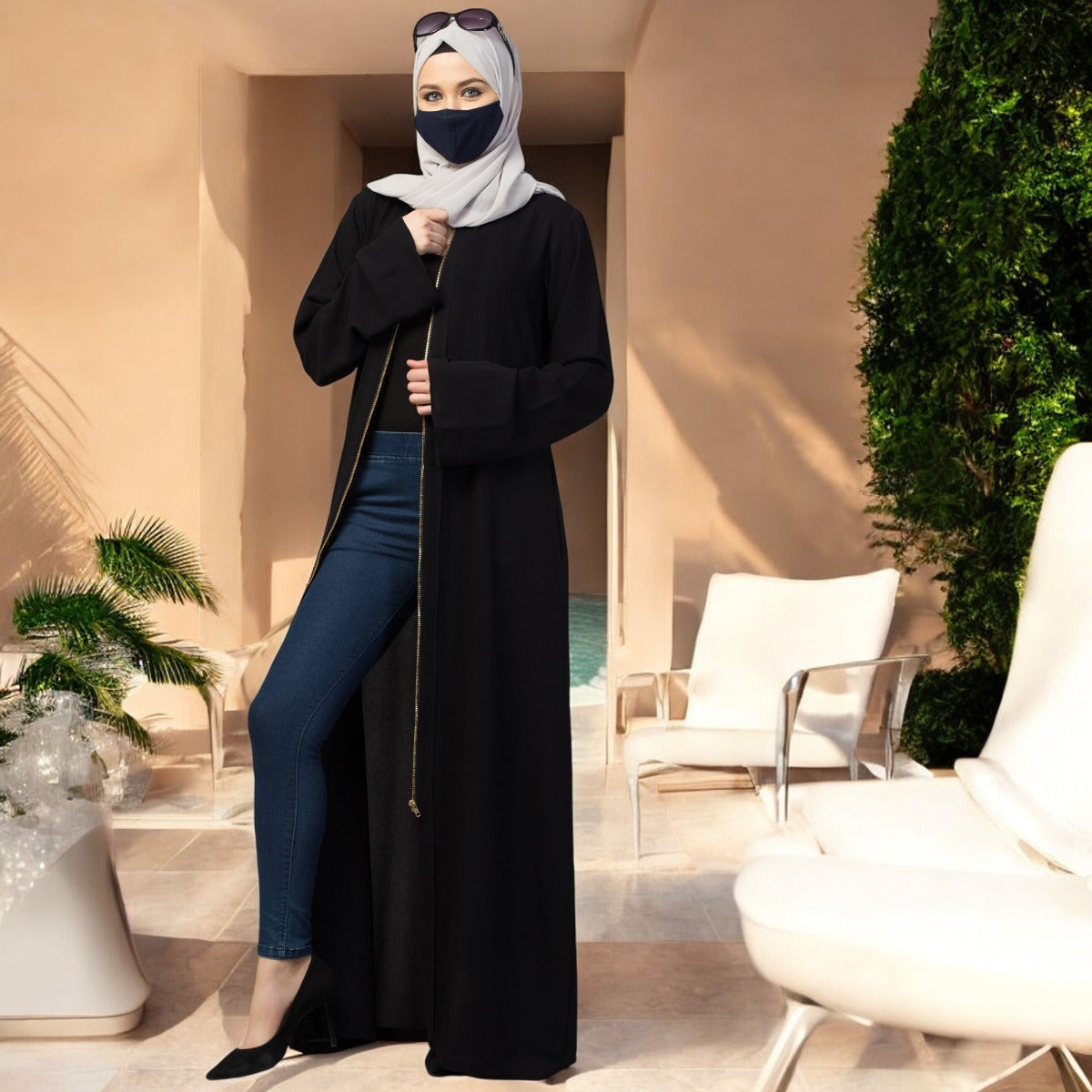 Basic Forn Open Abaya In Premium Fabric With Long Zipper