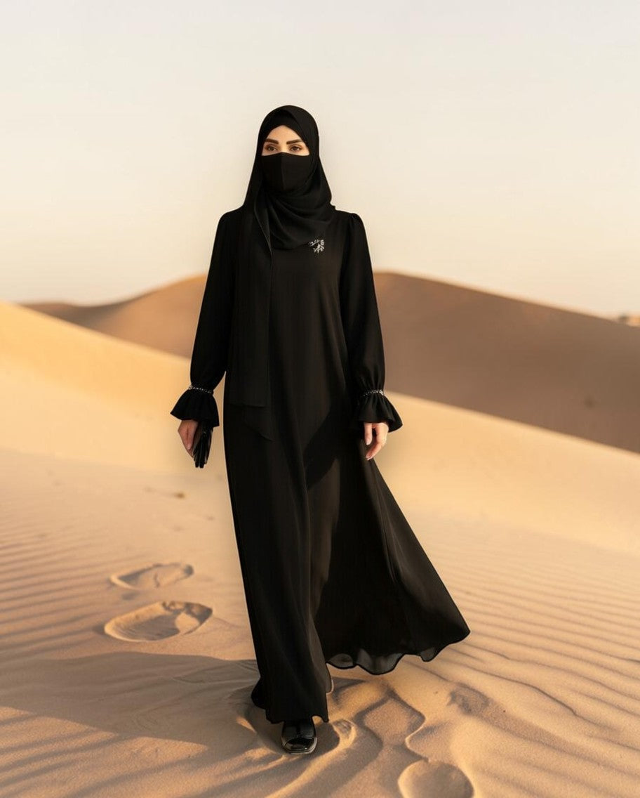 Mahram Black Praada Closed Abaya with Crystal Bell Sleeves and Pockets