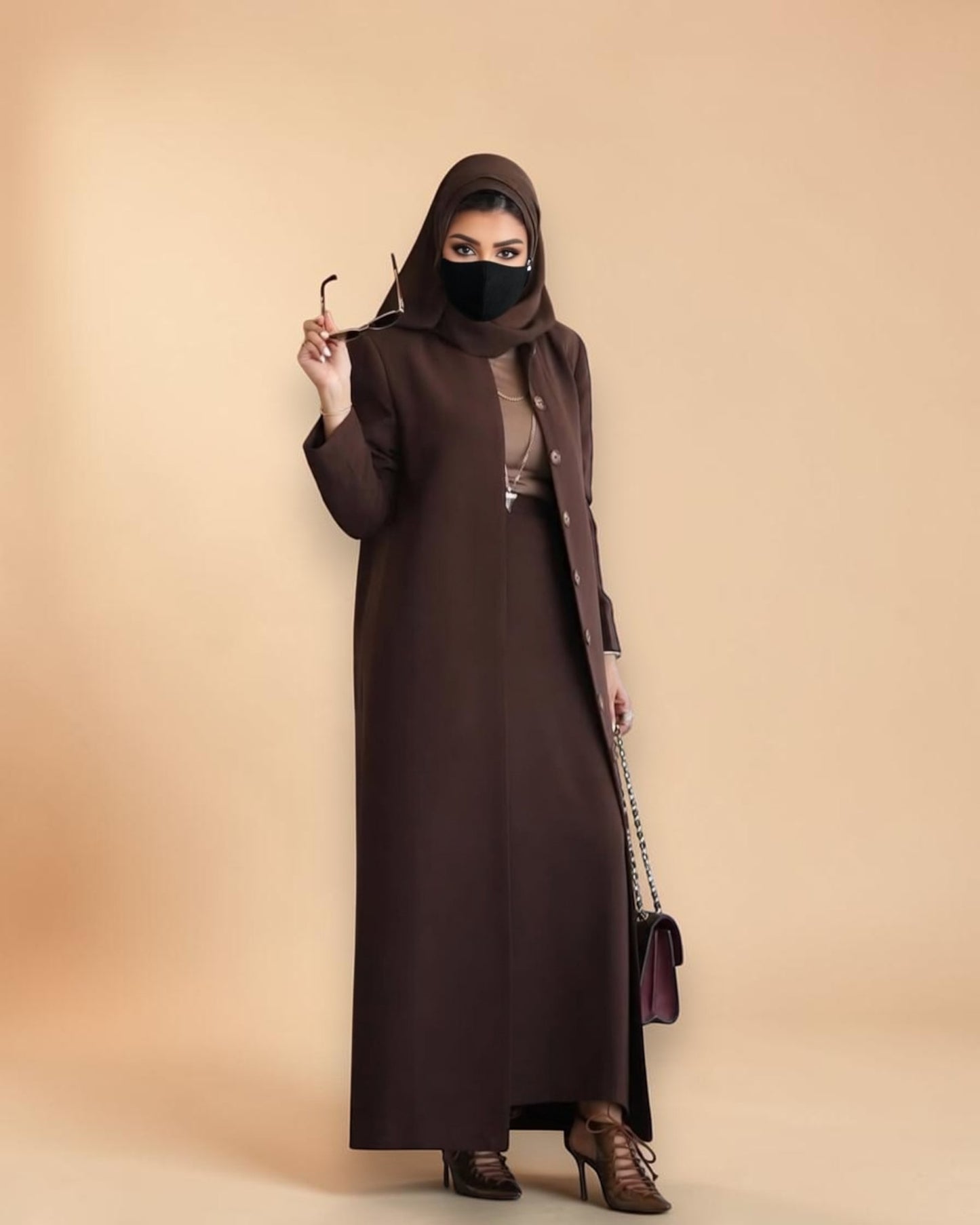 Mahram Brown Flow Crepe Coat-Style Abaya without Lining