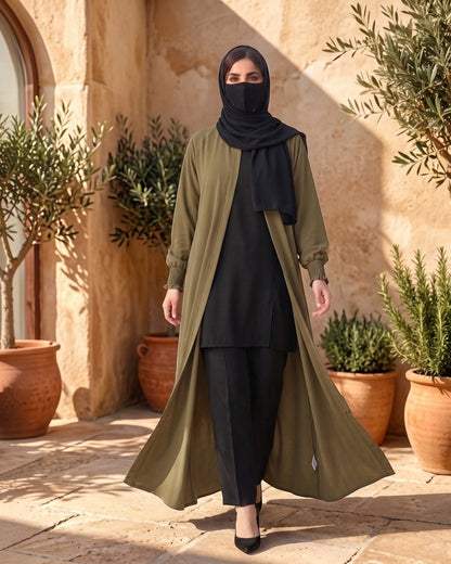 Front Open Abaya with Zipper Opening, Umbrella Flare and Matching Belt