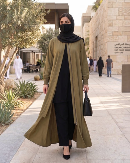 Front Open Abaya with Zipper Opening, Umbrella Flare and Matching Belt