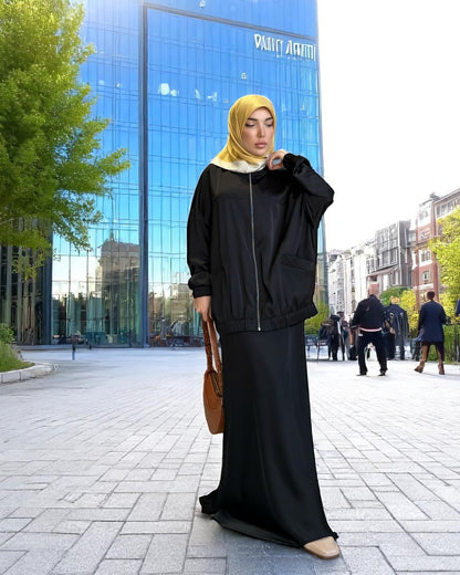 Premium Three-Piece Abaya Set in Tiktok Fabric with Zipper Jacket & Hijab