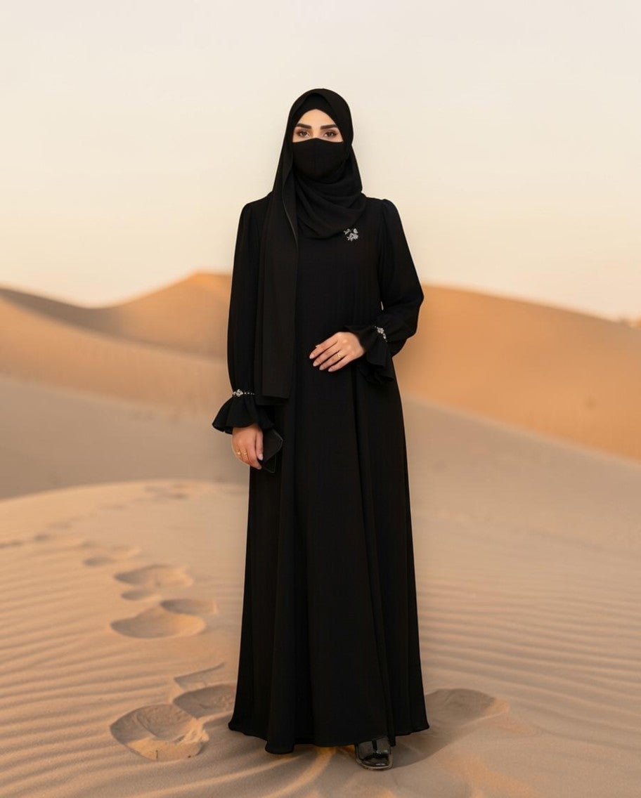 Mahram Black Praada Closed Abaya with Crystal Bell Sleeves and Pockets