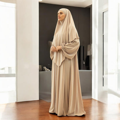 Elegant Loose-Fit Abaya with Balloon Sleeves and Short Khimar