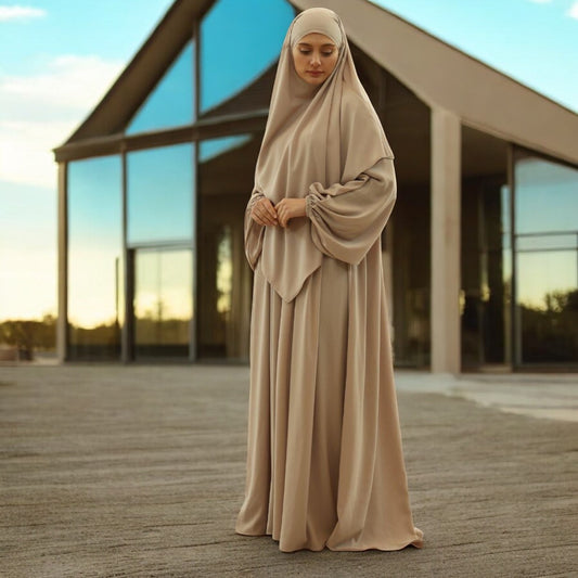 Elegant Loose-Fit Abaya with Balloon Sleeves and Short Khimar