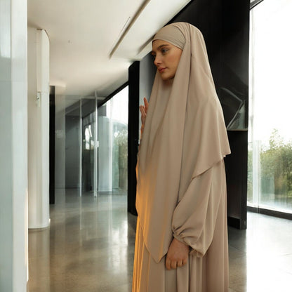 Elegant Loose-Fit Abaya with Balloon Sleeves and Short Khimar