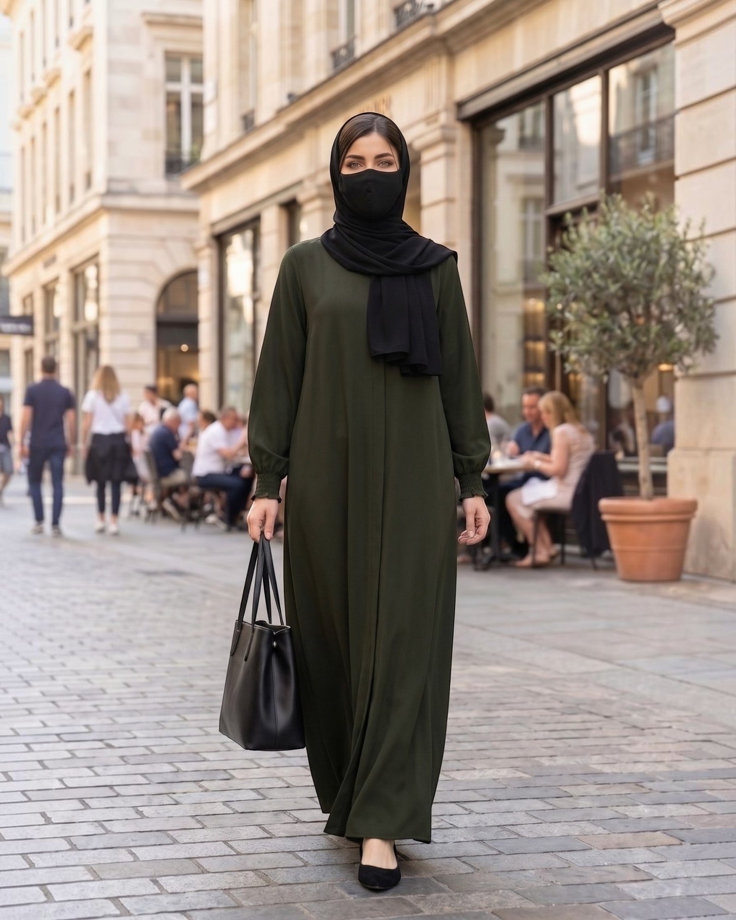 Front Open Abaya with Zipper Opening, Umbrella Flare and Matching Belt