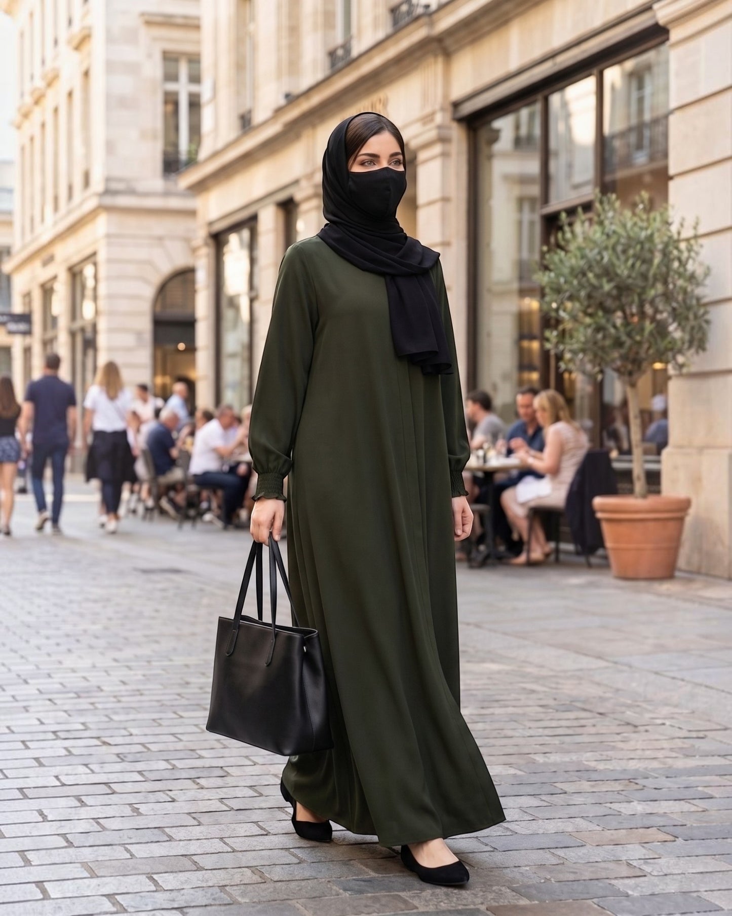 Front Open Abaya with Zipper Opening, Umbrella Flare and Matching Belt