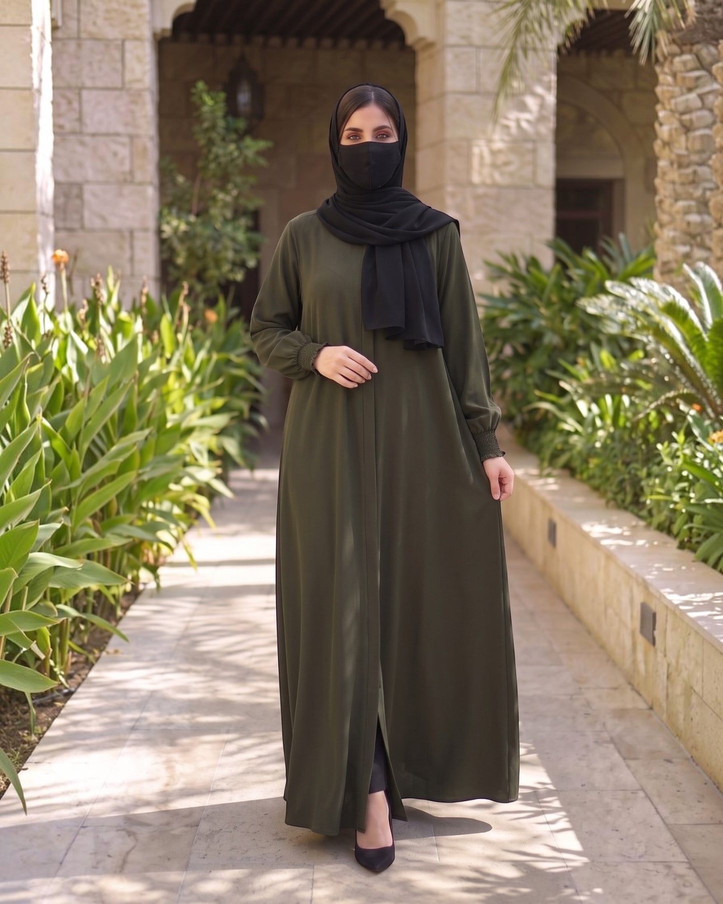 Front Open Abaya with Zipper Opening, Umbrella Flare and Matching Belt