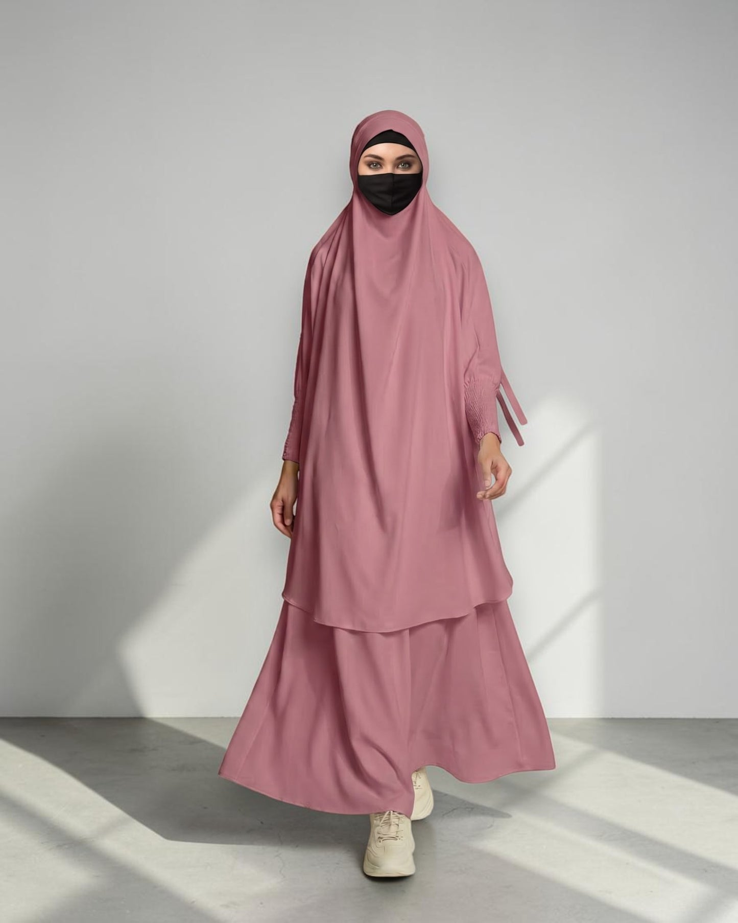 Elegant 2 Piece Jilbab Set in Flow Crepe Fabric with Flared Skirt and Full Size Khimar